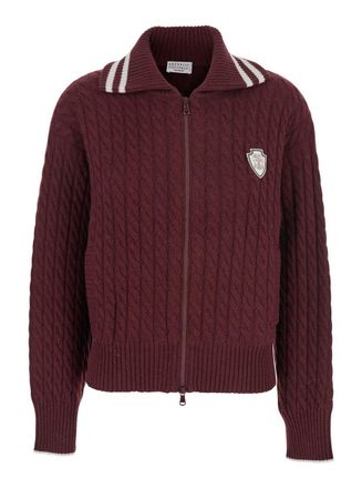 Brunello Cucinelli Red Cardigan With Bicolor Collar And Logo Patch On The Front In Cashmere Woman