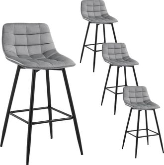 Woltu Woltu - Juego De 4 Taburetes De Bar Con Reposapi&eacute;s, Taburete De Bar/bistr&oacute;, Asiento De Terciopelo, Patas De Metal, Gris Claro