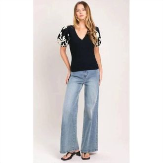 Flying Tomato Ribbed Top With Embroidered Puff Sleeves In Black