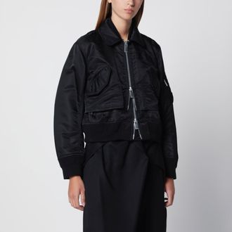 sacai Black satin-effect nylon zip bomber jacket