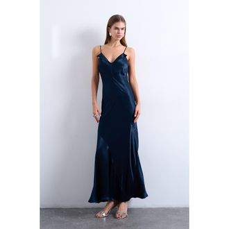 Topshop Folded Neck Satin Slip Maxi Dress in Navy at Nordstrom, Size 10 Us