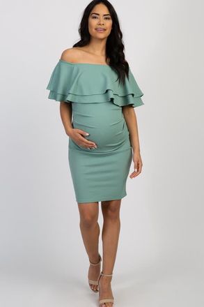 Pinkblush Off Shoulder Fitted Maternity Dress in Light Olive at Nordstrom, Size Small