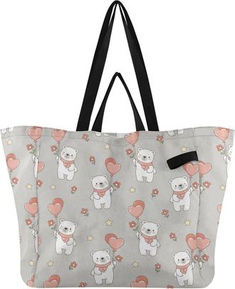 Generic Bear White Balloon print Reusable Canvas Tote Bag, Heavy Duty Grocery Shopping Bag with Large Capacity Hard Bottom Double Handles Work Groceries Trave