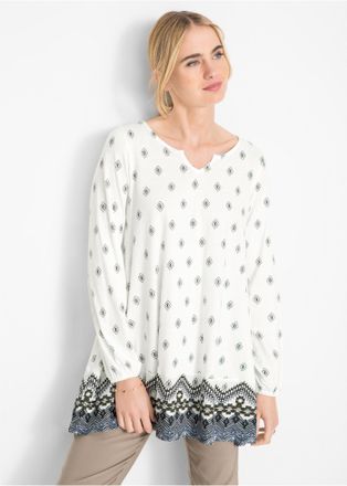 Bonprix Tunikashirt BONPRIX Shirt-Tunika aus Baumwoll-Viskose-Mix, Damen, Gr. 56/58 (XXXL), weiss (wollwei&szlig; graphisch bedruckt), Obermaterial: 50% Baumwolle, 