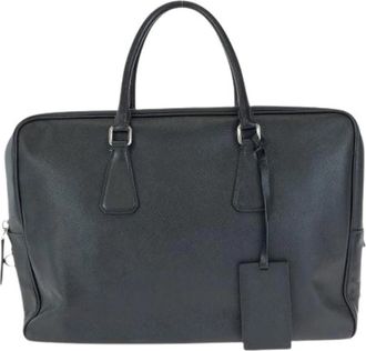 Prada Pre-owned Leren Aktetas met Logo Plaquette - Heren - Vintage Handtas - Zwart - ONE Size - Leer - Vintage