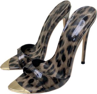 Generic Brown,9.5 UK,Womens Leopard Printed Pumps Pointed Open Toe Stiletto High Heels Slip On Backless Slides Summer Formal Wedding Party Dress Sandals Shoes