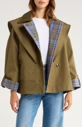 Damson Madder Jerry Reversible Crop Organic Cotton Trench Coat in Olive at Nordstrom, Size 14 Us