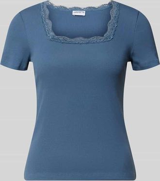 Jake*s Casual T-Shirt in Ripp-Optik mit Spitzenbesatz in Jeansblau, Gr&ouml;&szlig;e XXL