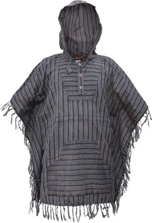 Gheri Mens Cotton Lightweight Kangaroo Pocket Hooded Festival Poncho Black Striped Stone Washed