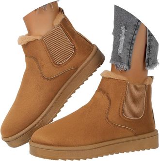 Generic Womens Winter Snow Boots Suede Boots Womens Faux Fur Lined Slip On Ankle Boots Warm Plush Comfortable Booties Flat Platform Shoes