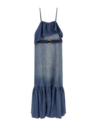 Pinko Blue Ruffled Belted Denim Maxi Dress