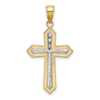 Diamond2Deal 14k Yellow Gold and White Rhodium Center Diamond-cut Cross Charm Pendant
