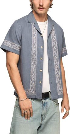 Lucky Brand Embroidered Cotton Blend Camp Shirt in Blue Multi at Nordstrom, Size Xx-Large