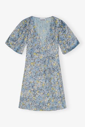 Ganni Blue Floral Printed Crinkled Satin Mini Wrap Dress - Size 10/12