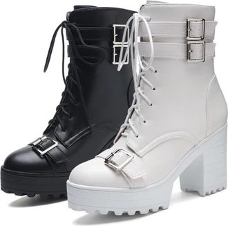 Generic Womens Platform Ankle Boots Round Toe High Block Heel With Side Zipper And Adjustable Buckle Straps Short Booties
