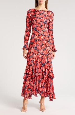 Saylor Cher Floral Long Sleeve Tiered Mermaid Gown in Red Floral Multi at Nordstrom Rack, Size X-Small