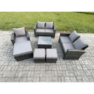 Fimous Fimous 8 Seater Outdoor Rattan Garden Furniture Set Conservatory Patio Sofa Coffee Table Set with Chair 3 Footstools Dark Grey Mixed