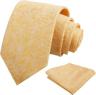 Alizeal Mens Flower Tie Set Solid Color Wedding Party Formal Casual Floral Necktie with Handkerchief Set, Yellow