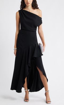 Chelsea28 Cascading Ruffle Crepe One-Shoulder Gown in Black at Nordstrom, Size Xx-Small