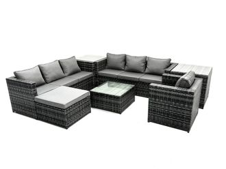 Fimous 8-seater Patio Coffee Table Sofa Set with 2 Side Tables Big Stool in Dark Grey