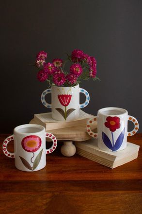 Kalalou Set Of Three Ceramic Double Handle Vases With Flowers