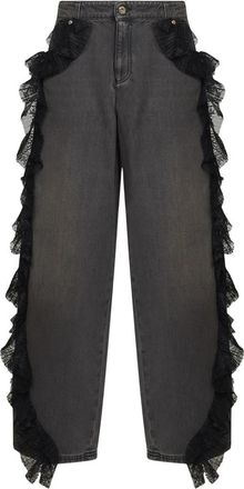 Blumarine Jeans met kanten bies- lage taille en wijde pijpen - Dames - Loose Fit Jeans - Grijs - M - Katoen - Jeans