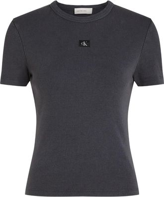 Calvin Klein ribbed logo-patch T-shirt - women - Cotton/Elastane - S - Grey