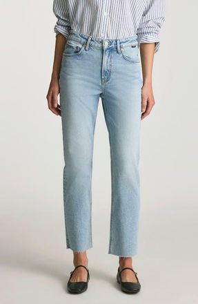 Mavi New York Raw Hem High Waist Ankle Straight Leg Jeans in Light Brushed Classic Blue at Nordstrom, Size 32 X 28