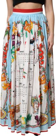 Dolce & Gabbana White Calendar Print Cotton Gathered Maxi Womens Skirt
