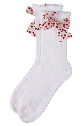 MeMoi Cherry Bow Cable Crew Socks in White at Nordstrom, Size 9
