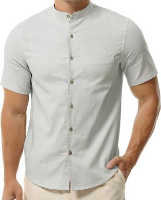 Hoerev Mens Short Sleeve Linen Cotton Blend Shirt, Mandarin Collar,Grey,S