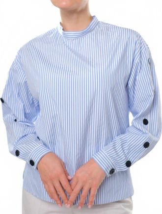 Mignon Doo Funnel Neck Striped Blouse In White Light Blue