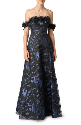 Aidan Mattox Metallic Jacquard Organza Off the Shoulder Gown in Navy/black at Nordstrom, Size 14