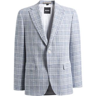 BOSS Hutson Slim Fit Blue & White Plaid Linen & Cotton Blend Sport Coat in Open Blue at Nordstrom, Size 38 Regular