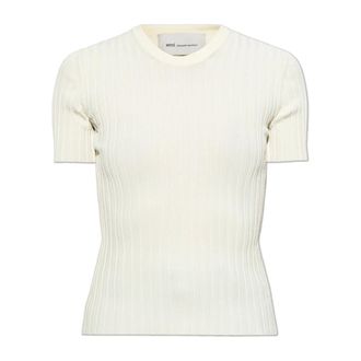 Ami Round-neck Knitwear, female, Beige, Size: XS Pleated Top