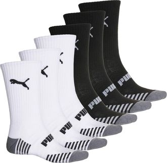 Puma Mens 6 Pack Crew Socks, White/Black, 10-13