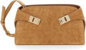 Ferragamo Shoulder Bag Hug Croco Print Suede With Magnetic Closure In Beige Leather For