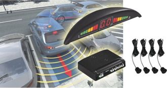 Trade Shop Trade Shop - Kit 4 Sensores De Aparcamiento Con Mini Pantalla Led Cortador De Sonido Inal&aacute;mbrico Negro