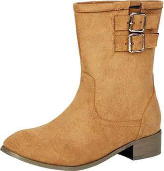 Generic Womens Leisure Ankle Boots Round Toe Med Chunky Heel Slip On Design With A Decorative Buckle Casual Daily Booties