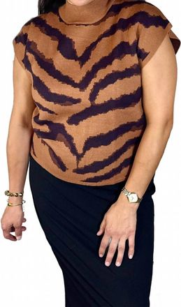 Entro Animal Pattern Short Sleeve Mock Neck Top In Brown