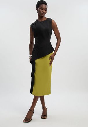 Karen Millen Womens Soft Tailored Asymmetric Neck Draped Waist Detail Midi Dress - Yellow - Size 10 UK