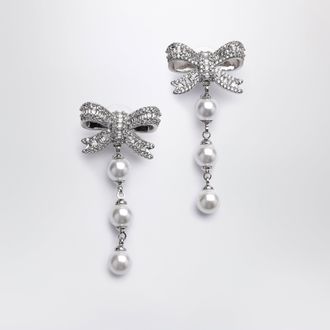 Self Portrait Crystal bow and pearl drop earrings in silver
