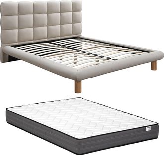 Vente-Unique Cama con cabecero acolchado 180 x 200 cm - Tela - Beige + Colch&oacute;n - FUDALI