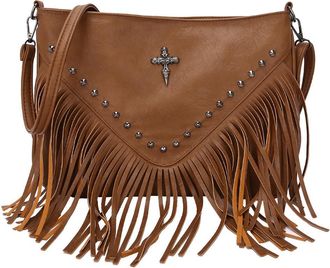 Generic Women PU Studded Tassel Shoulder Bag Large Capacity Fashionable Crossbody Bag Adjustable Strap Vintage Small Handbag for Outdoor Travel (Brown)