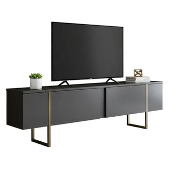 Dmora Dmora - Mueble De Televisi&oacute;n Centaurus, Aparador De Sal&oacute;n, Mueble Bajo Para Tv, Base De Pared Equipada, 180x30h50 Cm, Antracita Y Oro, Con Embalaje Re