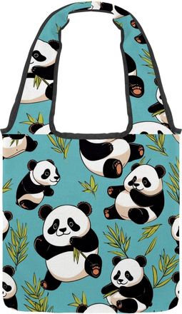 Generic Cute Panda on Blue Reversible Canvas Shoulder Tote - Double-Sided Print, 12oz Cotton, 27cm Drop, Fold-Flat Bag for Travel, Shopping, Street Outings