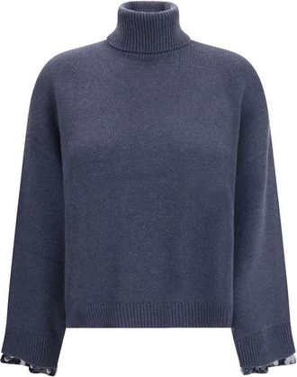 Brunello Cucinelli Blue Fleece Wool Womens Turtleneck