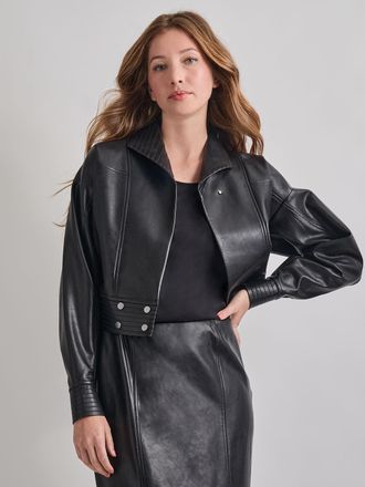 Misook Vegan Leather Cropped Moto Jacket