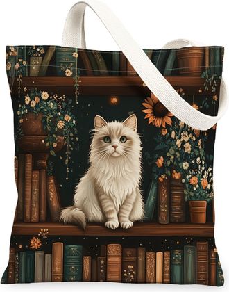 Generic Spring Ragdoll Cat Canvas Tote Bag for Shopping 13x15, Flower Bookshelf Kitten Reusable Grocery Print Bag for Women, Fun Pet Beach Aesthetic Painting 