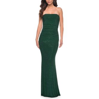La Femme Rhinestone Embellished Strapless Ruched Prom Dress in Emerald at Nordstrom, Size 00